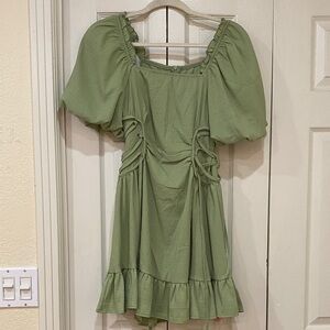 SHEIN Sage Green Textured Puff Sleeve Mini Dress